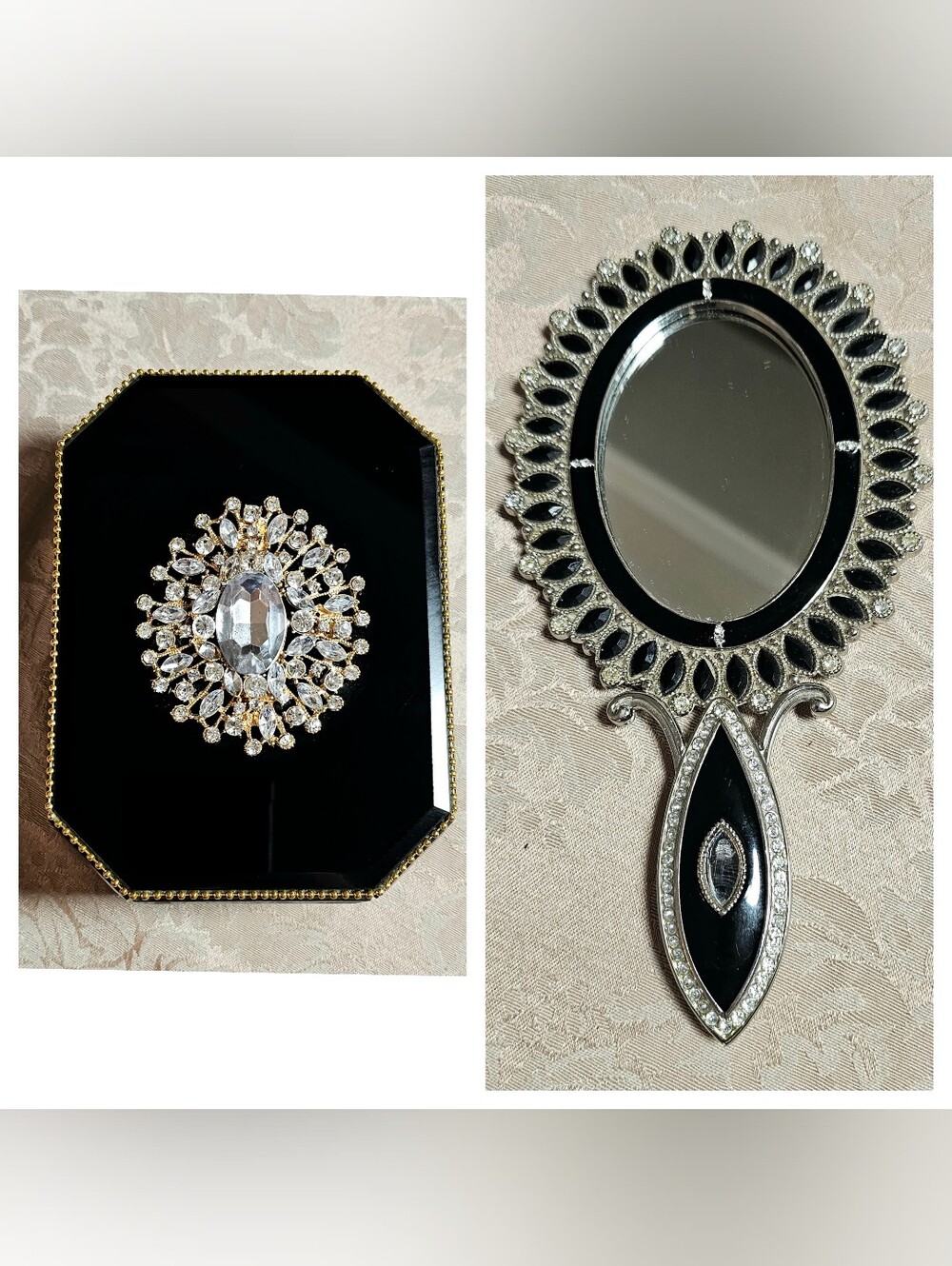 Gothic Glam Black Vanity Set Crystal Hand Mirror & Rhinestone Brooch Trinket Box